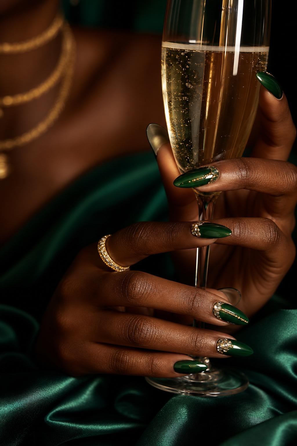 A woman wearing TIPZEE emerald press-on nails draped in silk and gold jewelry